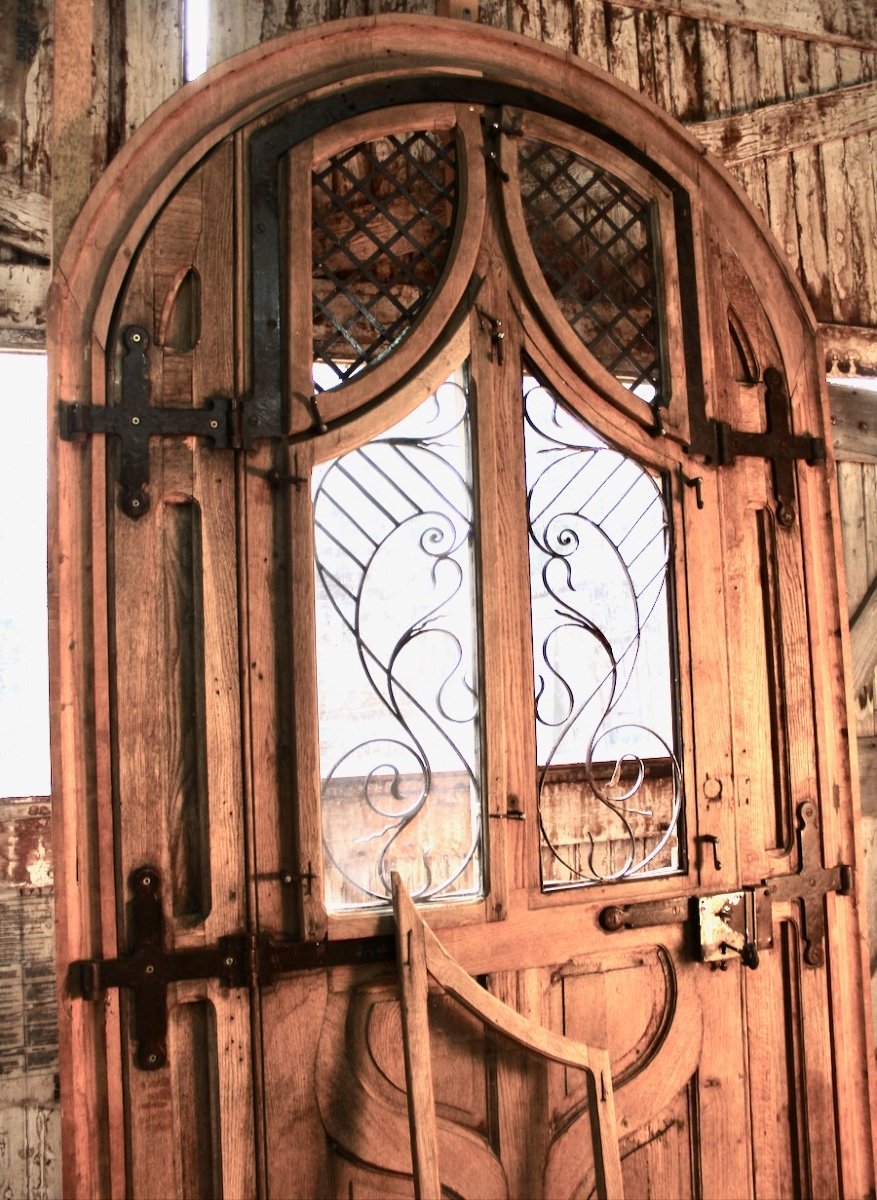 Large Art Nouveau Arched Door Oak And Wrought Iron-photo-7