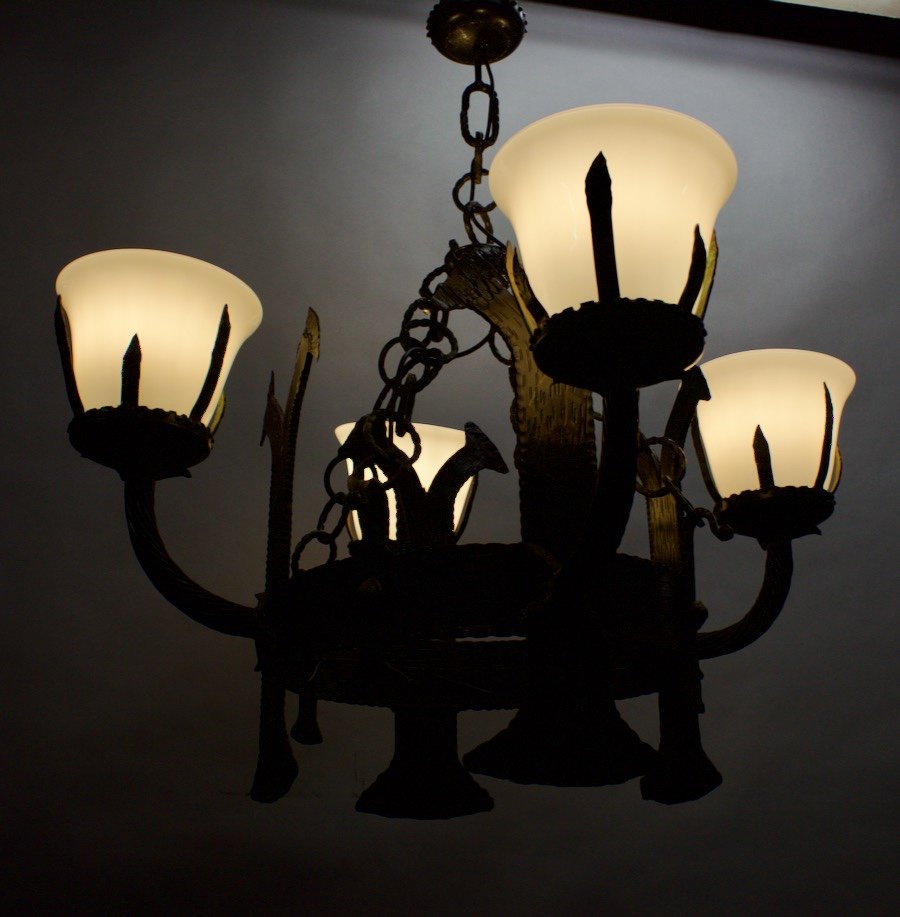Importante Paire De Lustres En Fer Forgé Art Deco-photo-2