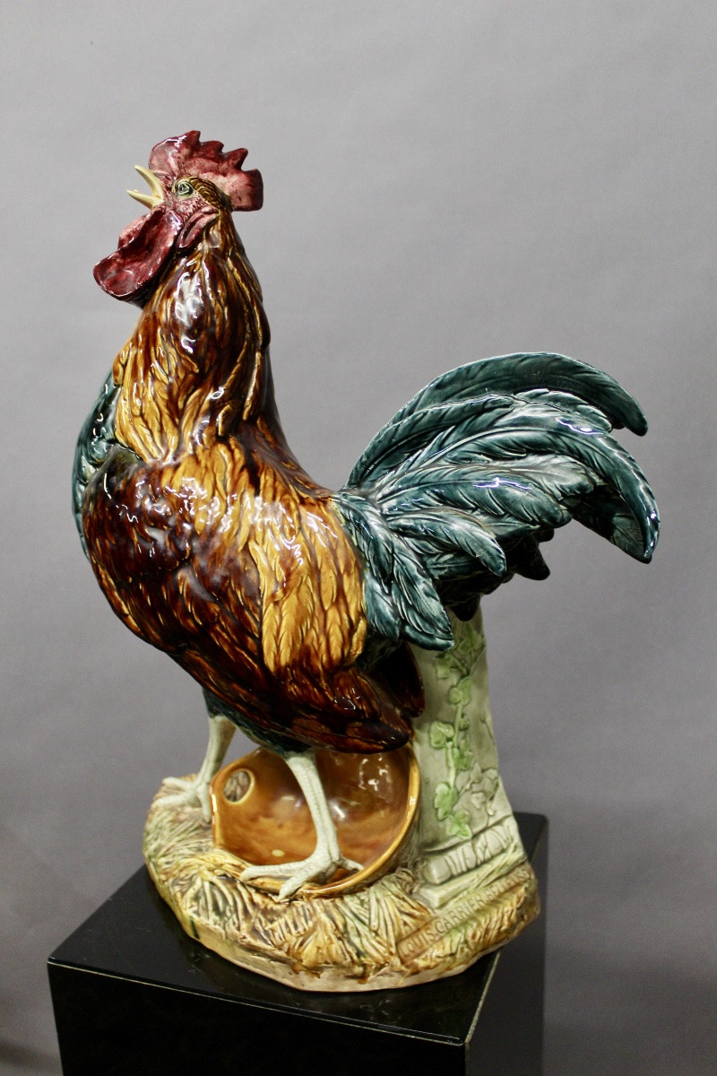 Polychrome Glazed Earthenware Rooster By Louis Robert Carrier Belleuse 55 Cm High-photo-2