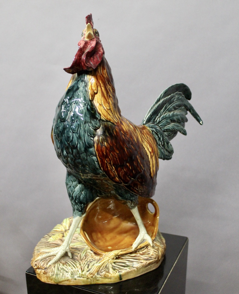 Polychrome Glazed Earthenware Rooster By Louis Robert Carrier Belleuse 55 Cm High-photo-3