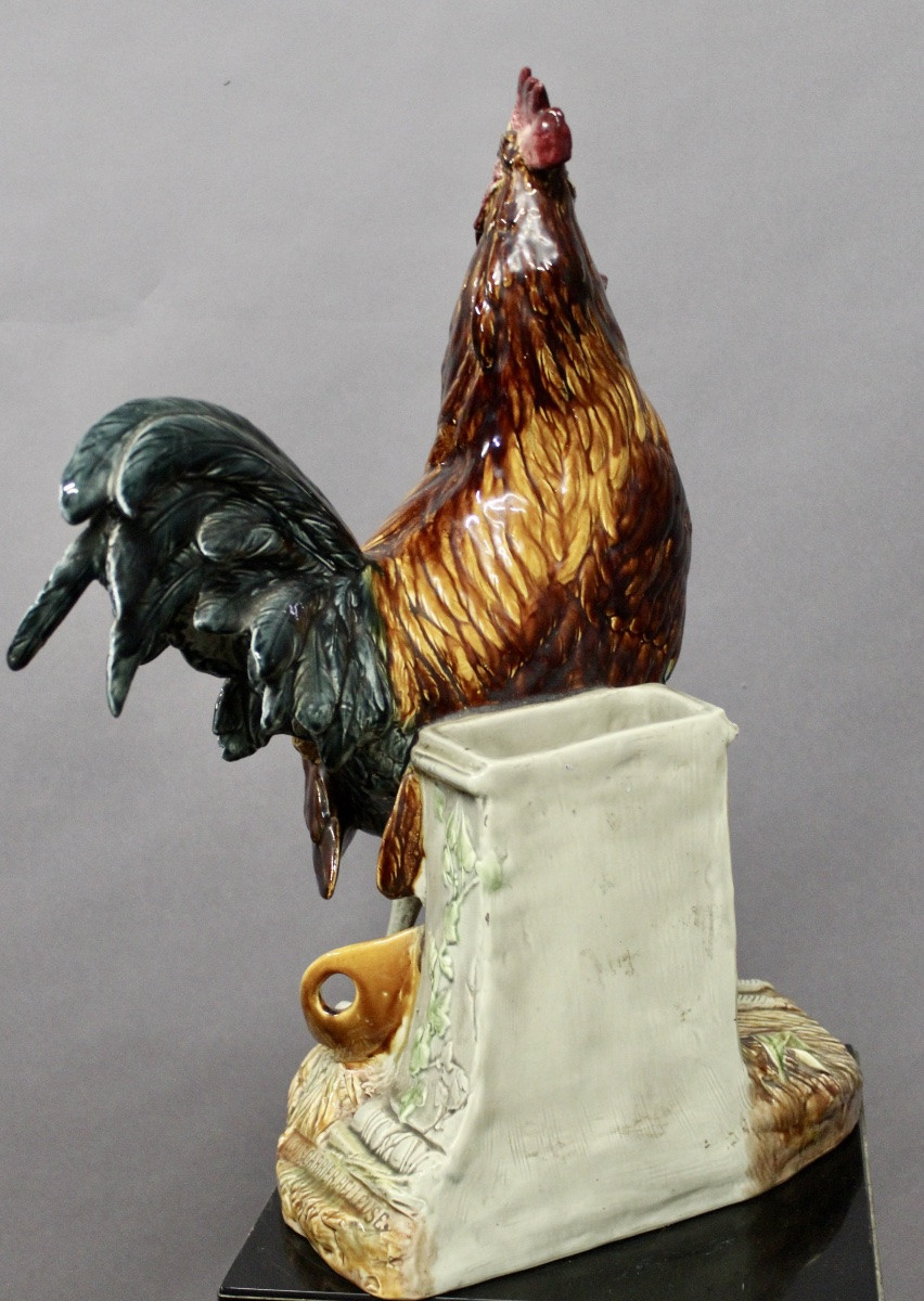 Polychrome Glazed Earthenware Rooster By Louis Robert Carrier Belleuse 55 Cm High-photo-4
