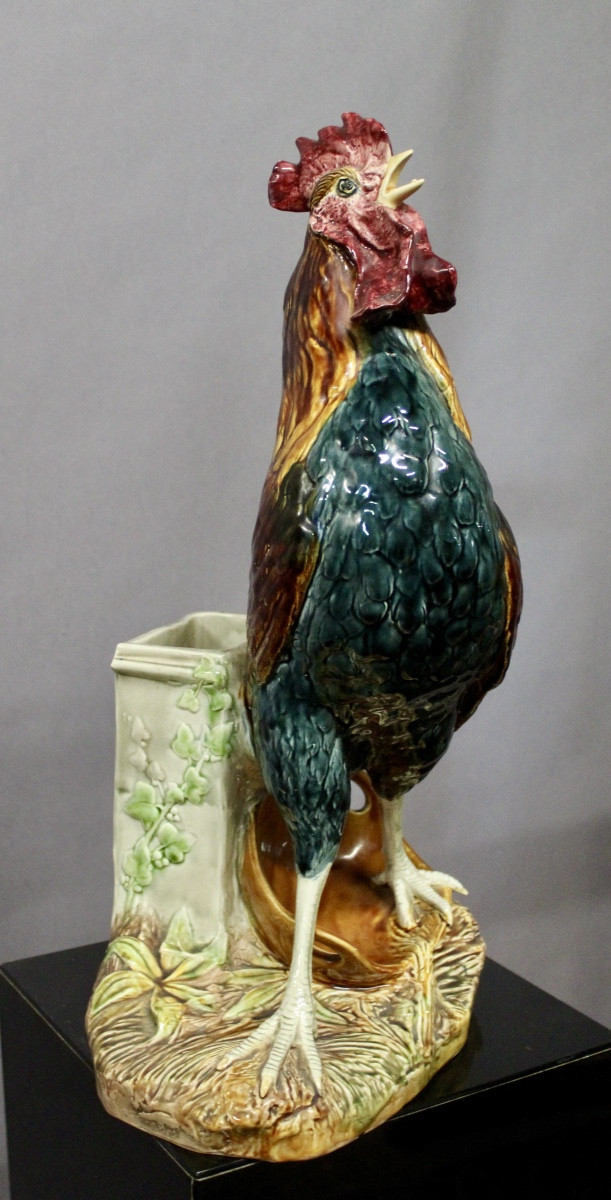 Polychrome Glazed Earthenware Rooster By Louis Robert Carrier Belleuse 55 Cm High-photo-7