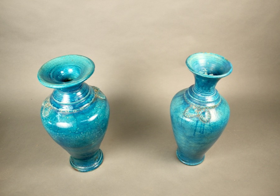 Paire de vases monochromes en céramique Turquoise craquelée XVIIIème Chine-photo-3