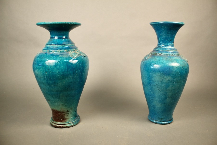 Paire de vases monochromes en céramique Turquoise craquelée XVIIIème Chine-photo-4