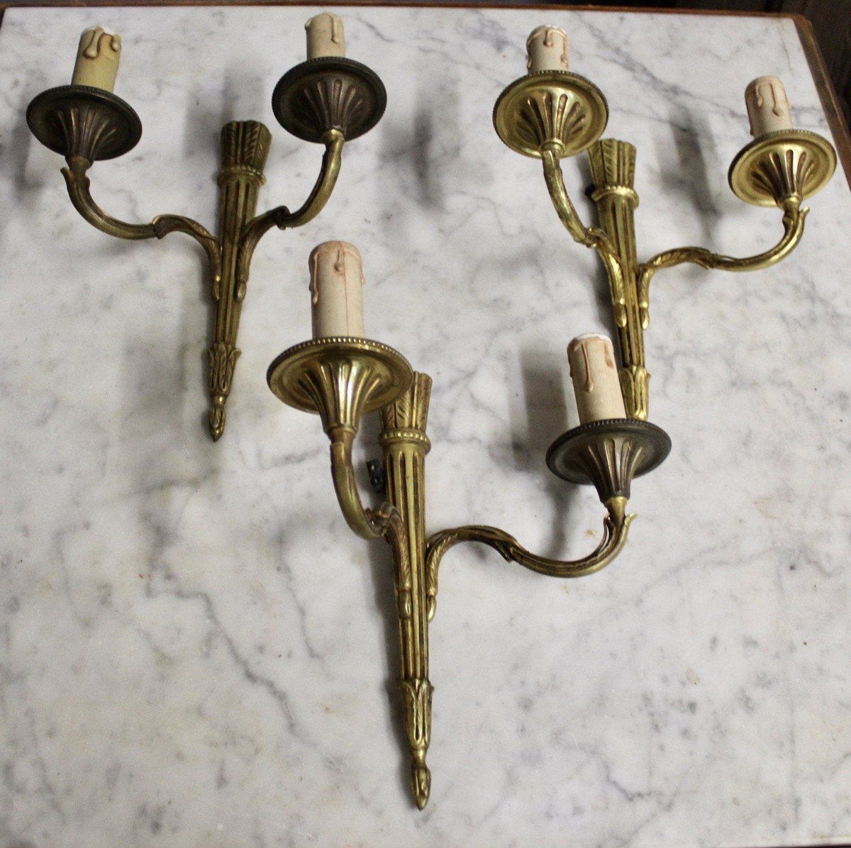 Set Of 3 Louis XVI Style Wall Lights With 2 Lights-photo-2