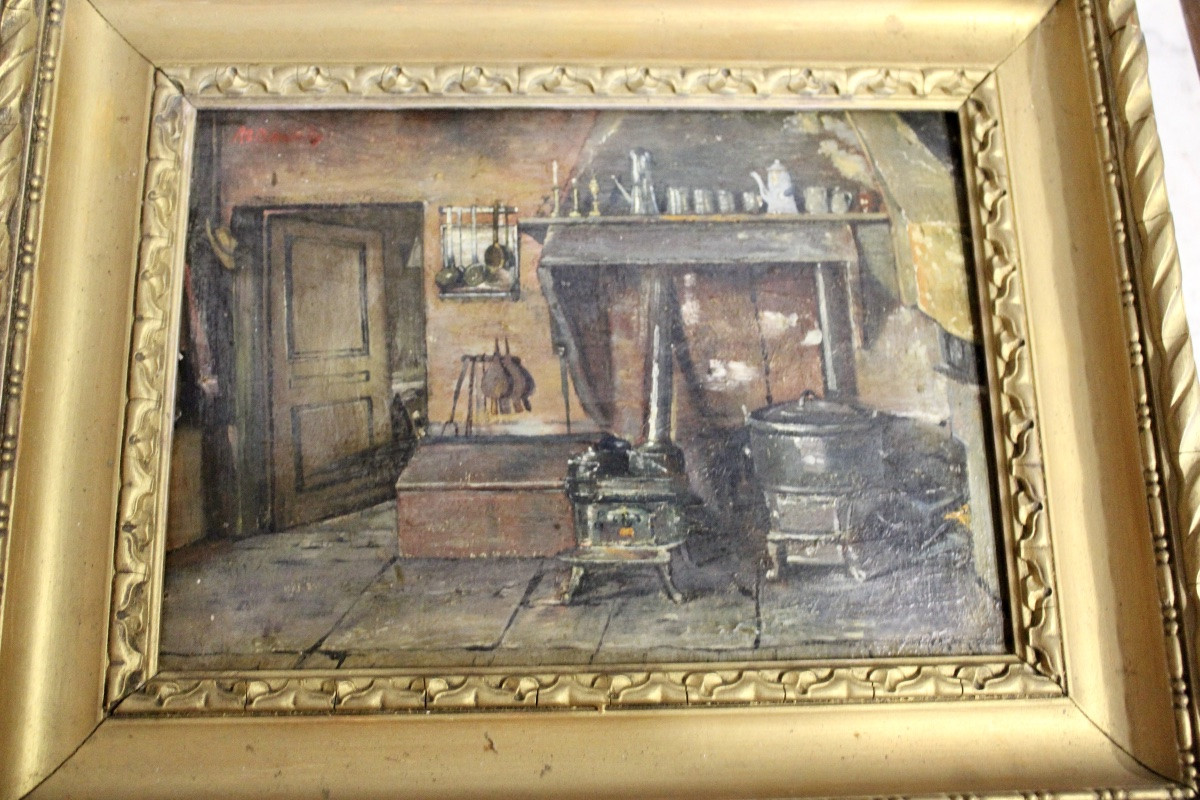 Huile sur carton "Cuisine de ferme du Jura" XIXème-photo-3