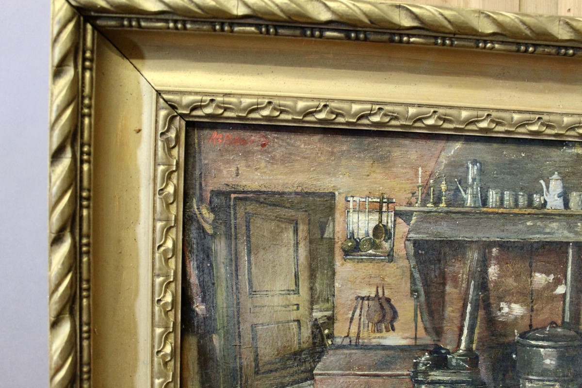 Huile sur carton "Cuisine de ferme du Jura" XIXème-photo-3