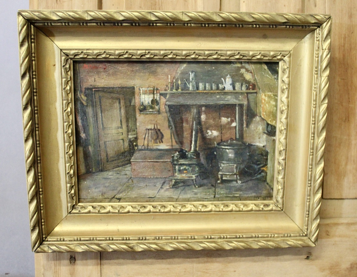 Huile sur carton "Cuisine de ferme du Jura" XIXème