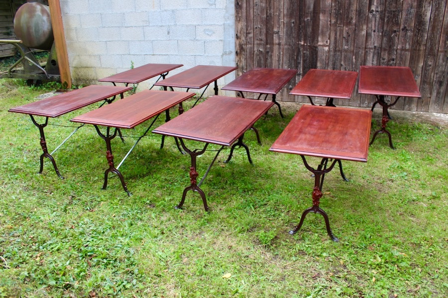 Ensemble De 9 Tables De Bistrot 1900 à Piètement Fer Forgé à Décor De Rose-photo-4