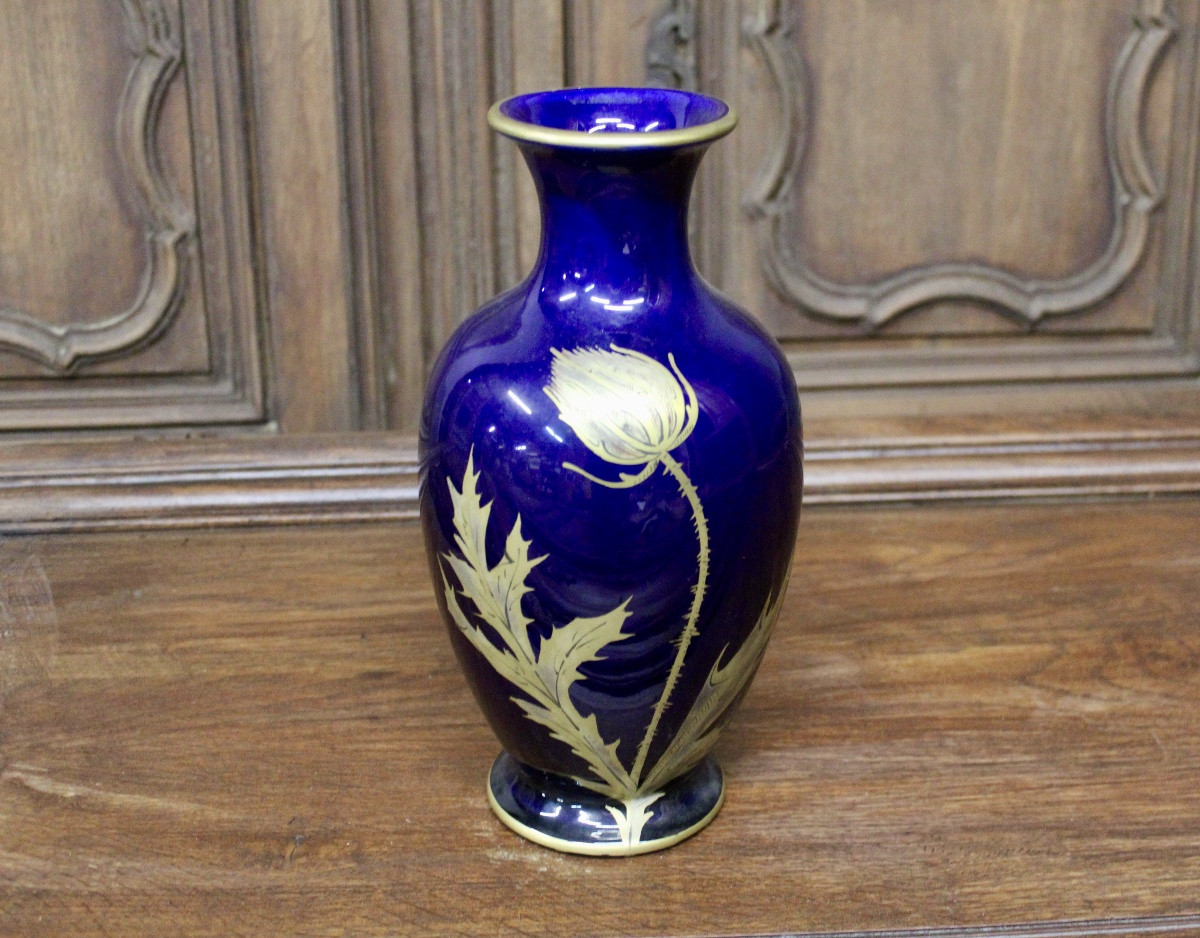 Vase au chardon par  Gustave Asch , bleu de tours ,Sainte Radegonde-photo-2