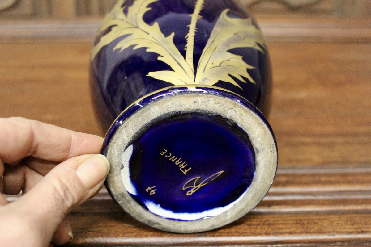 Vase au chardon par  Gustave Asch , bleu de tours ,Sainte Radegonde-photo-2