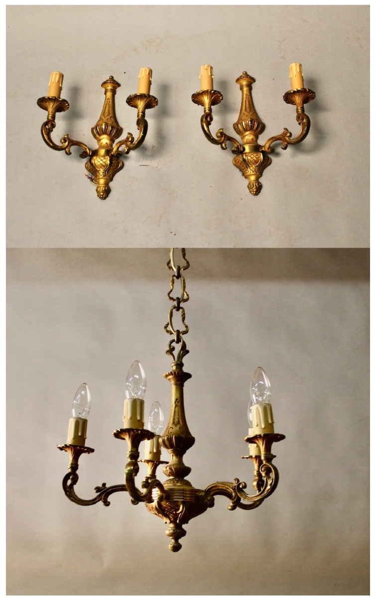 Bronze Chandelier With 5 Arms And Its Pair Of 2-light Wall Sconces