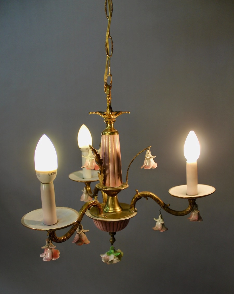 Small Italian Bronze Chandelier With Porcelain Flowers And 2 Wall Sconces-photo-2