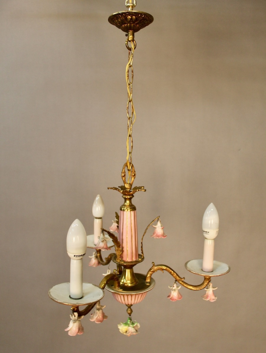 Small Italian Bronze Chandelier With Porcelain Flowers And 2 Wall Sconces-photo-4
