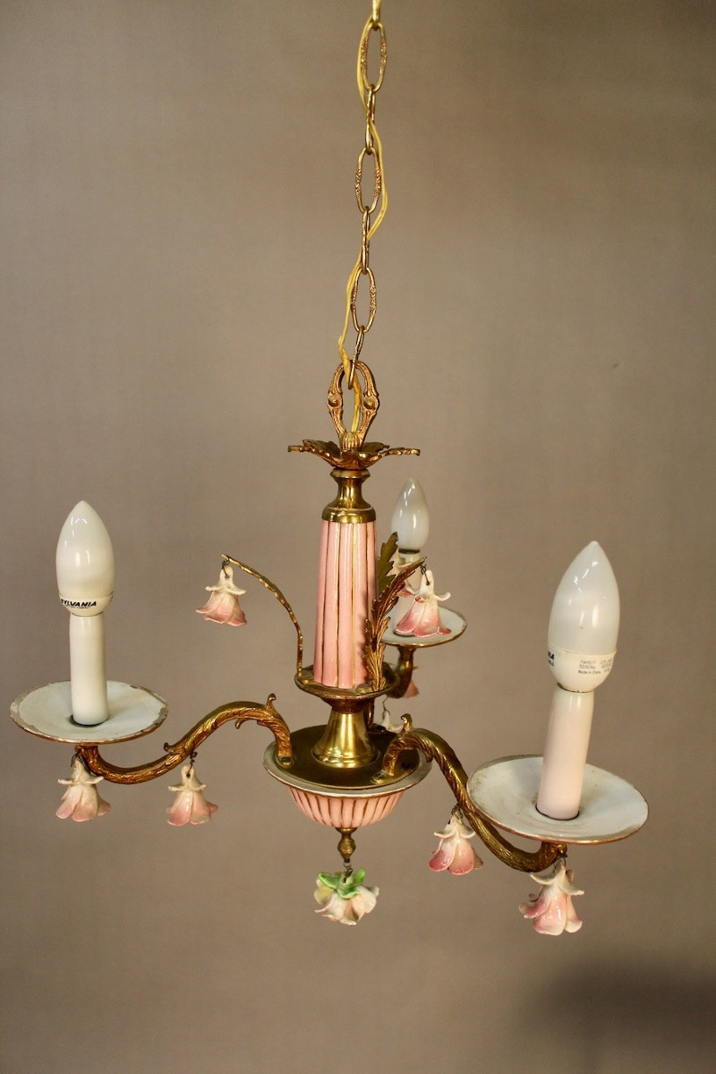 Small Italian Bronze Chandelier With Porcelain Flowers And 2 Wall Sconces-photo-1