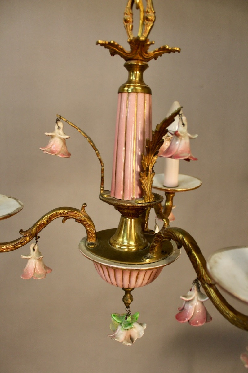 Small Italian Bronze Chandelier With Porcelain Flowers And 2 Wall Sconces-photo-2
