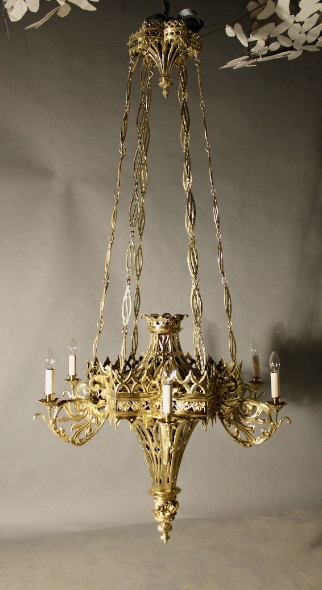 Lustre gothique XVIIème bronze poli 190 cm de haut-photo-3