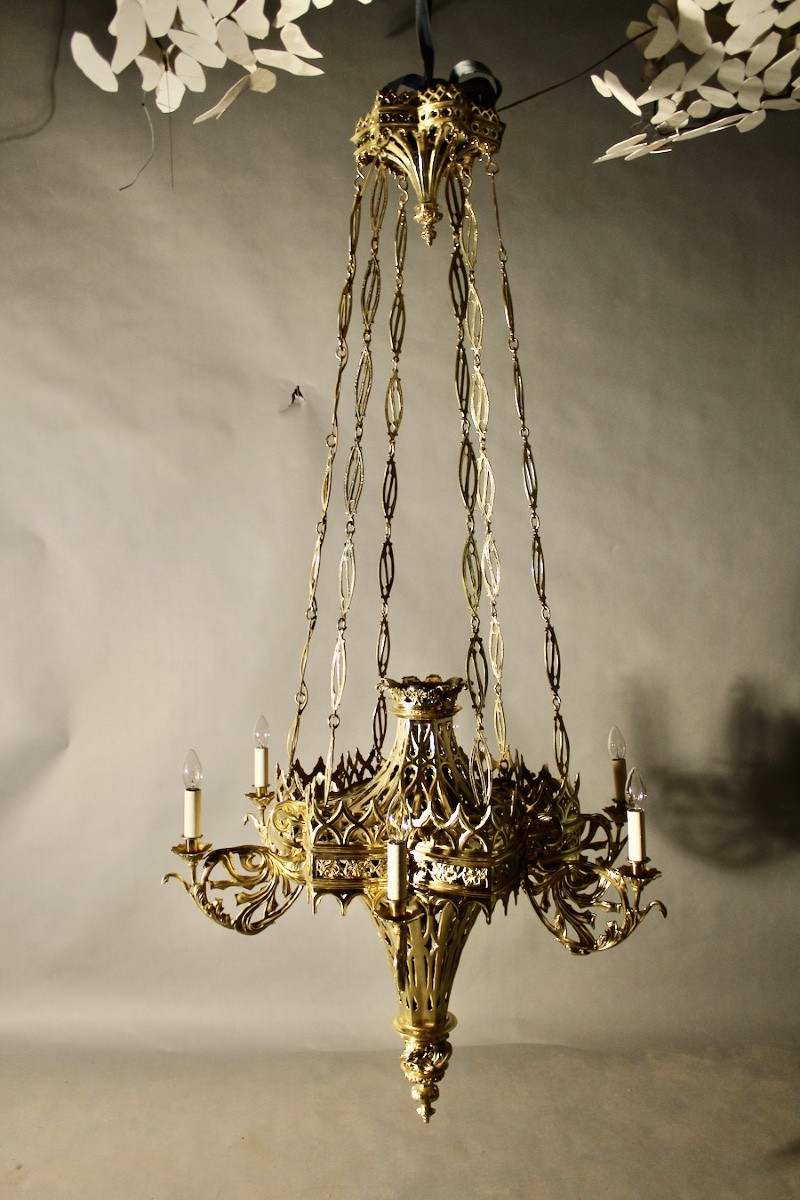 Lustre gothique XVIIème bronze poli 190 cm de haut-photo-4