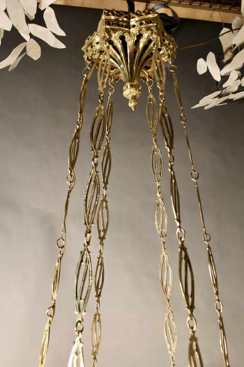 Lustre gothique XVIIème bronze poli 190 cm de haut-photo-7