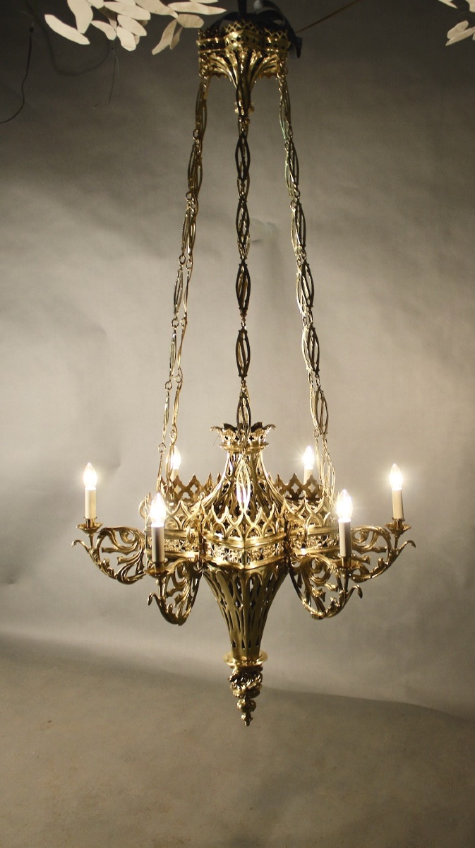 Lustre gothique XVIIème bronze poli 190 cm de haut