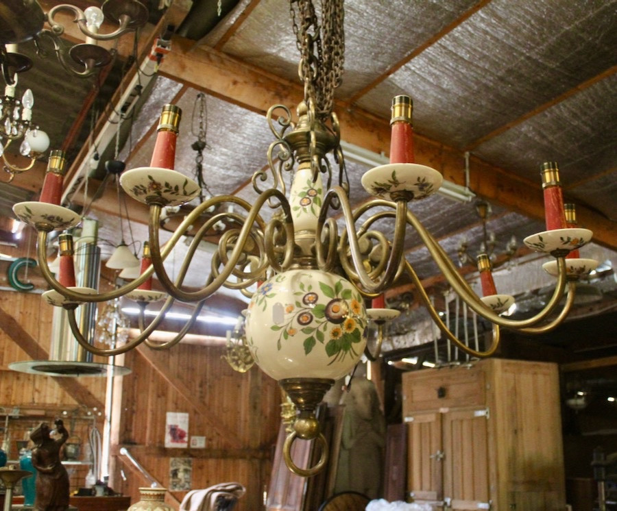 19th Century Dutch Chandelier In Bronze And Earthenware With 10 Lights -photo-1