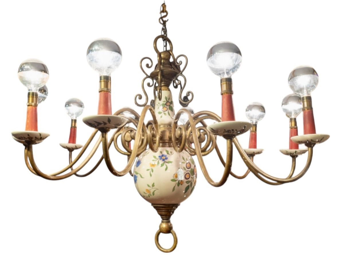 19th Century Dutch Chandelier In Bronze And Earthenware With 10 Lights 