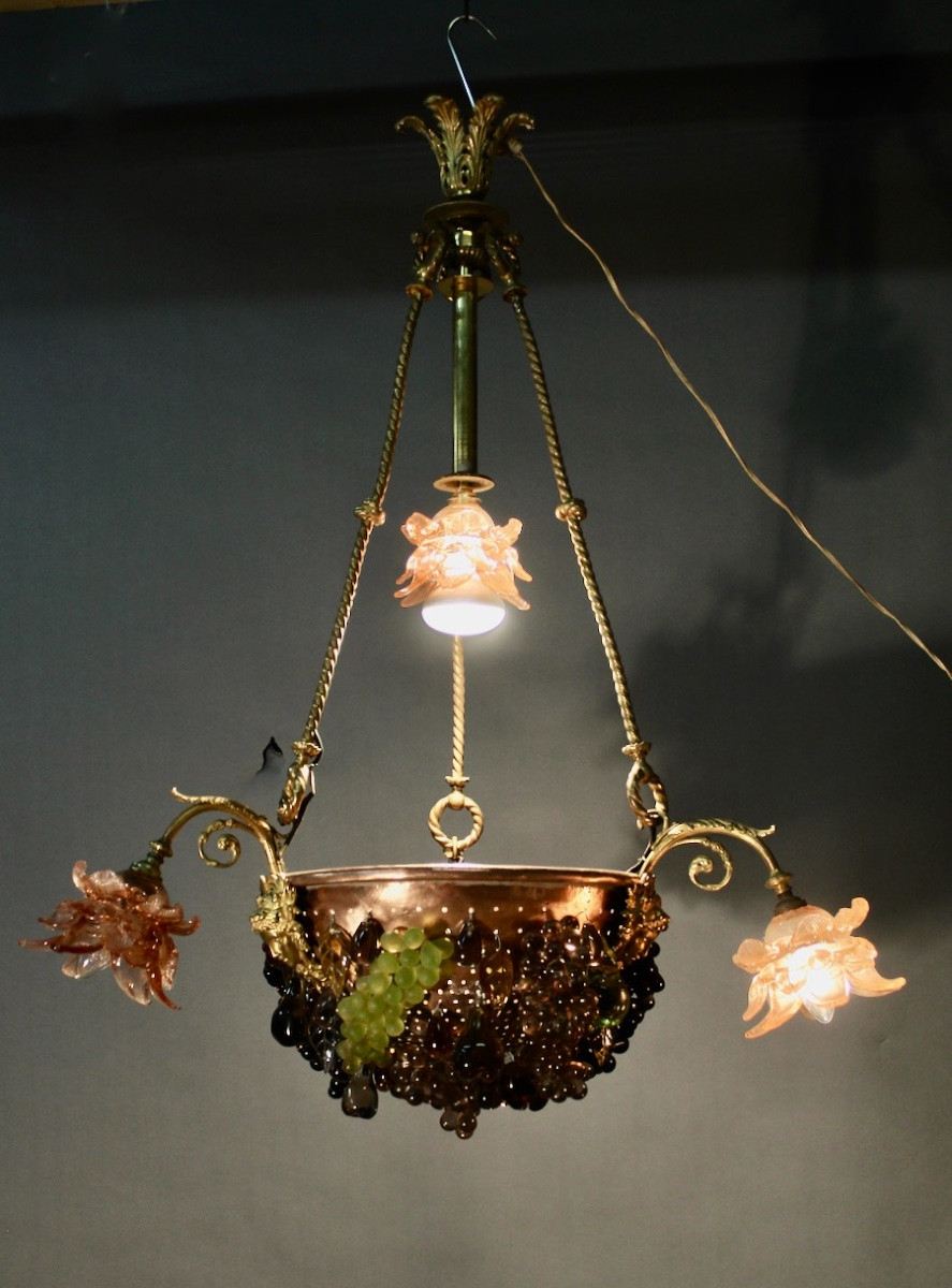 Bronze Three-light Chandelier With Grape Decoration -photo-3