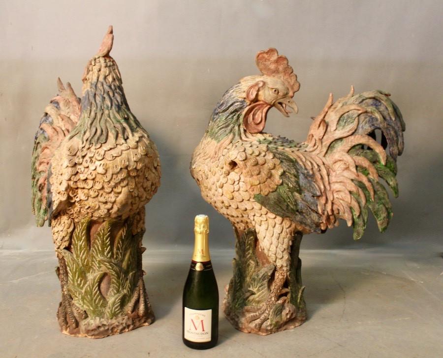 Paire de coq de Versailles en terre cuite polychrome  XVIIIème -photo-3