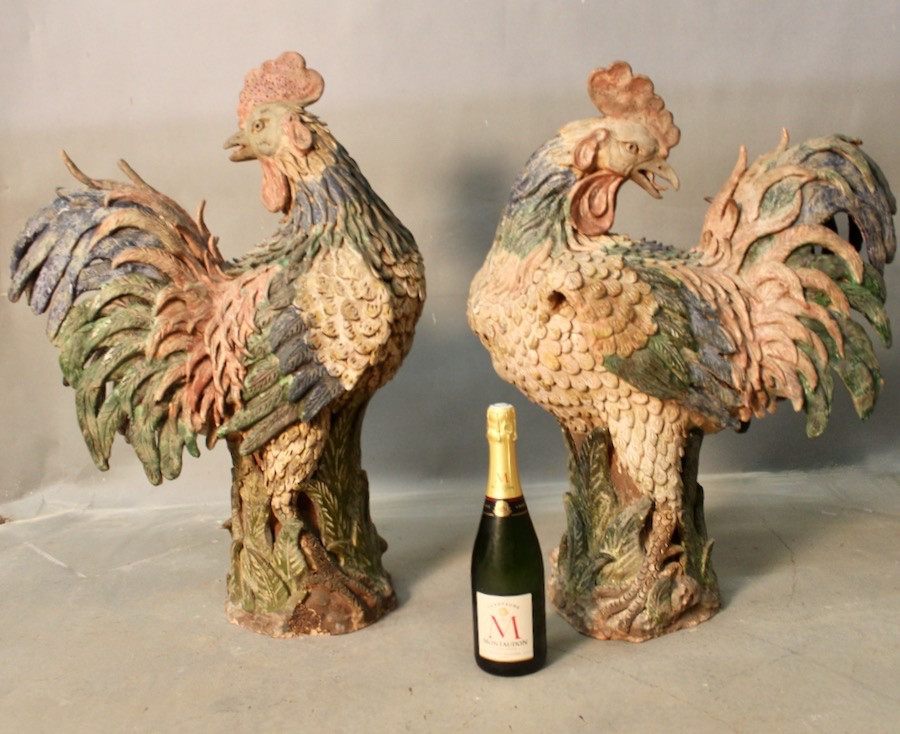 Paire de coq de Versailles en terre cuite polychrome  XVIIIème -photo-4