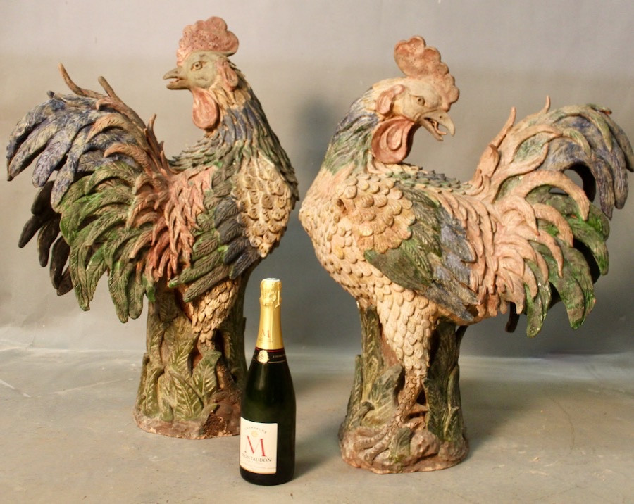 Paire de coq de Versailles en terre cuite polychrome  XVIIIème -photo-1