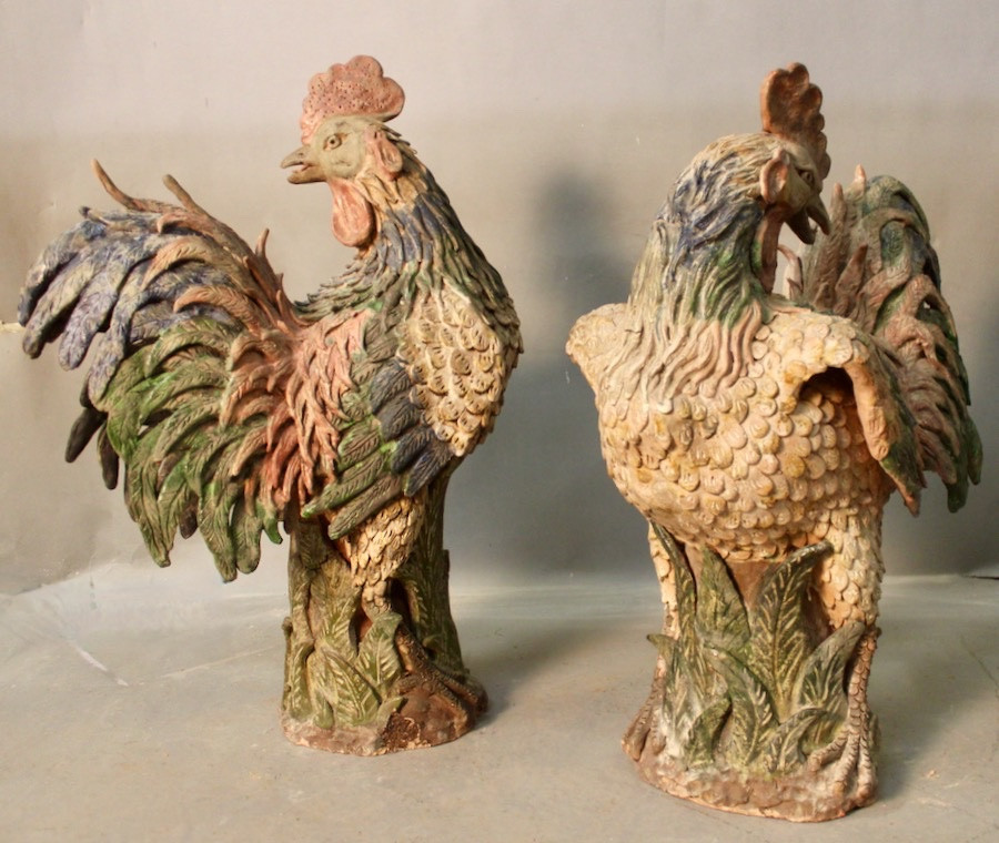 Paire de coq de Versailles en terre cuite polychrome  XVIIIème -photo-7