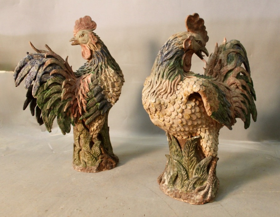 Paire de coq de Versailles en terre cuite polychrome  XVIIIème -photo-8