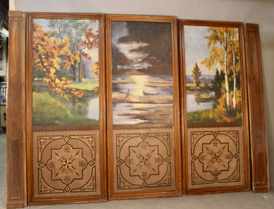 Ensemble de 3 grands panneaux peints à décor de forêt et d'étang XIXème-photo-2