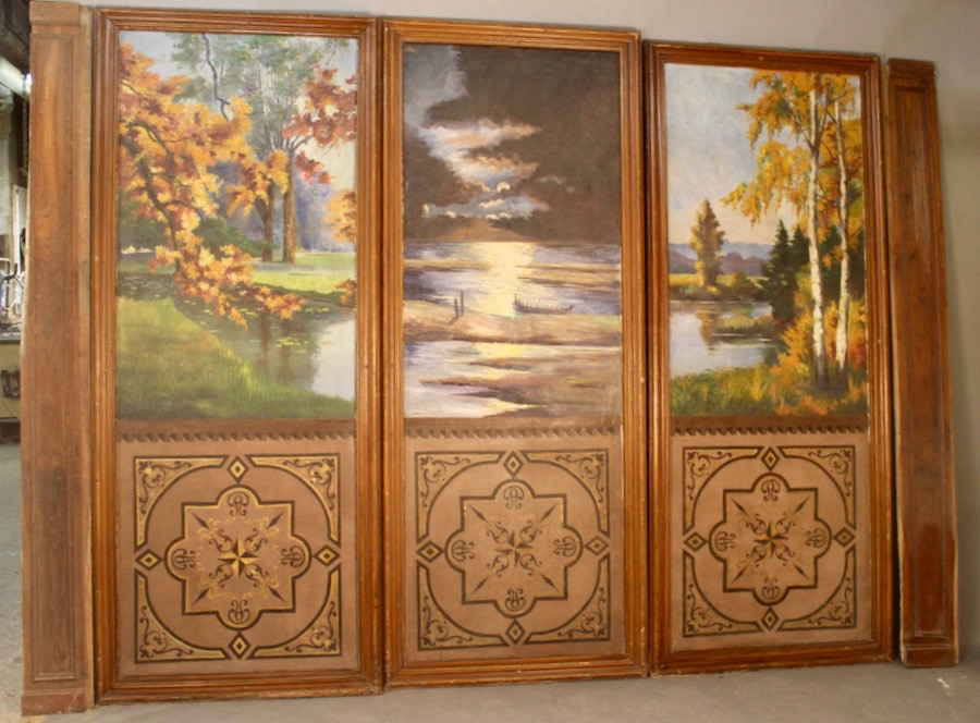 Ensemble de 3 grands panneaux peints à décor de forêt et d'étang XIXème-photo-3