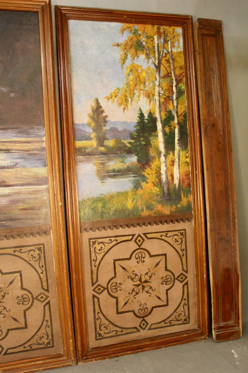 Ensemble de 3 grands panneaux peints à décor de forêt et d'étang XIXème-photo-4