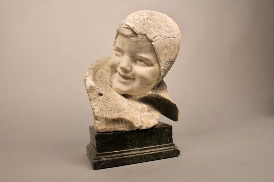 Sculpture en pierre Visage d'enfant XIXème sur socle marbre-photo-2