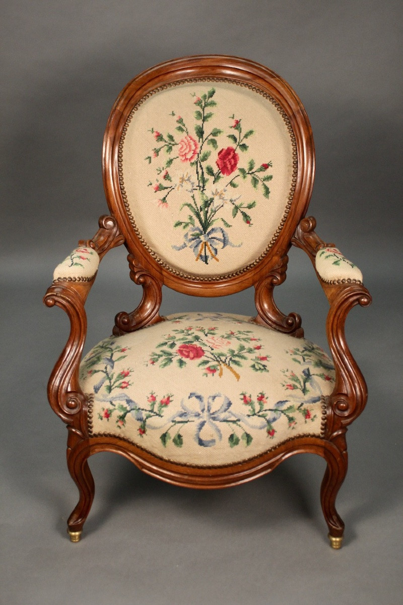 Pair Of Louis Philippe Armchairs With Petit Point Tapestry-photo-2