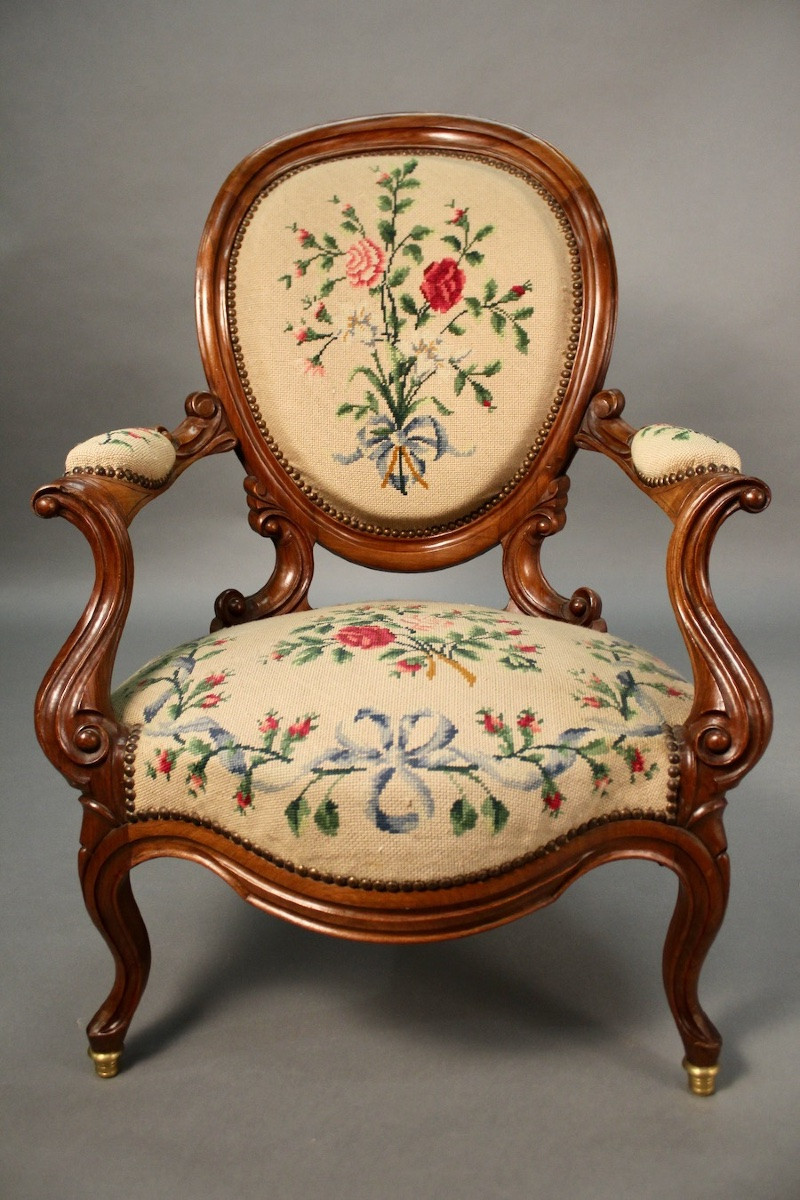 Pair Of Louis Philippe Armchairs With Petit Point Tapestry-photo-3