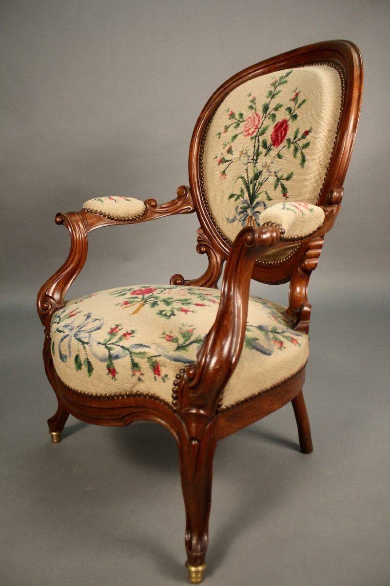 Pair Of Louis Philippe Armchairs With Petit Point Tapestry-photo-3