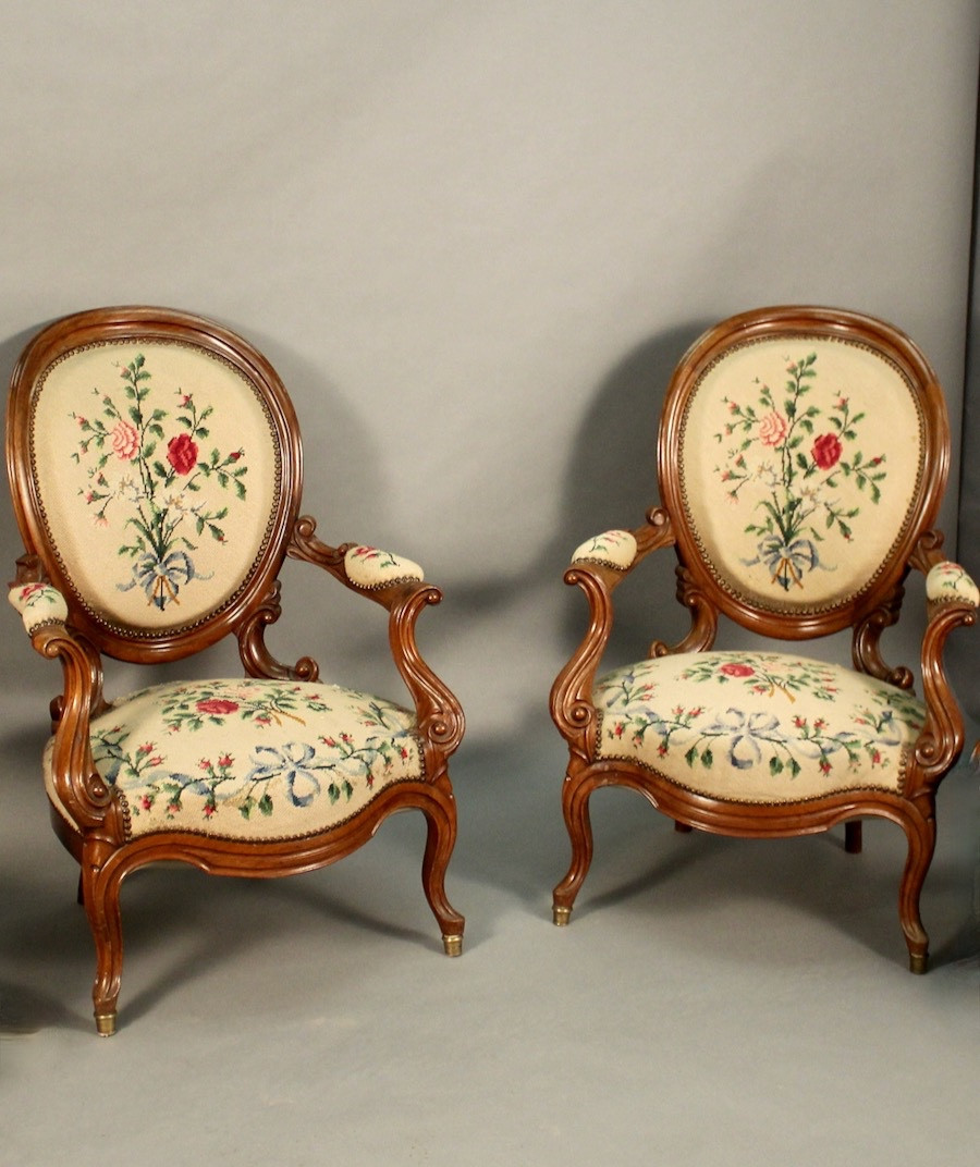 Pair Of Louis Philippe Armchairs With Petit Point Tapestry