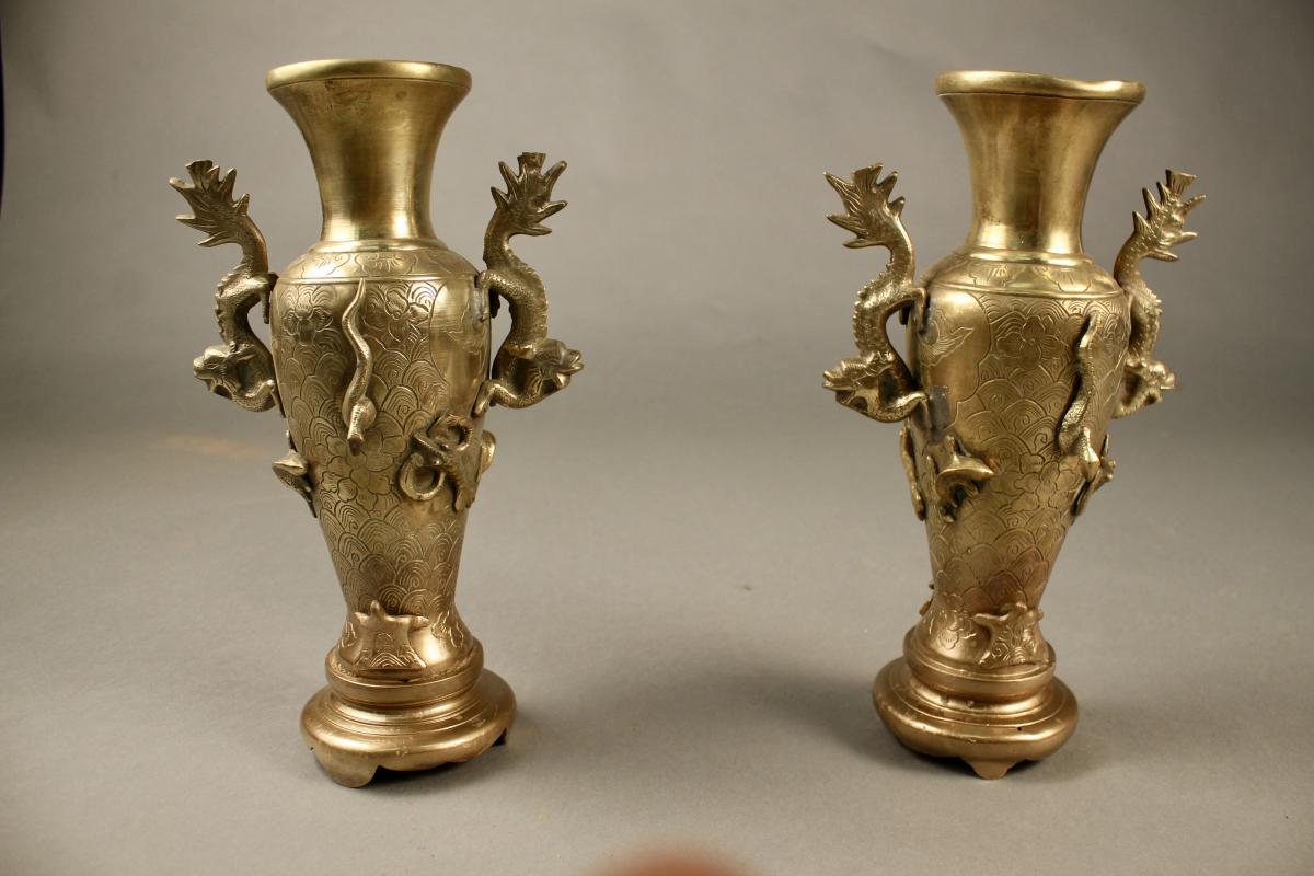 Pair Of Vases In Bronze Japanese Early Twentieth-photo-2