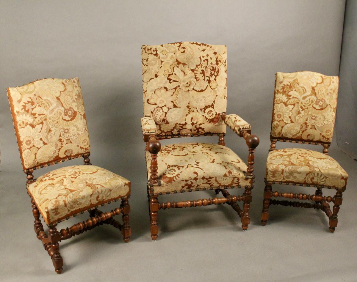 Pair Of Chairs And Armchair Louis XIII, Nineteenth