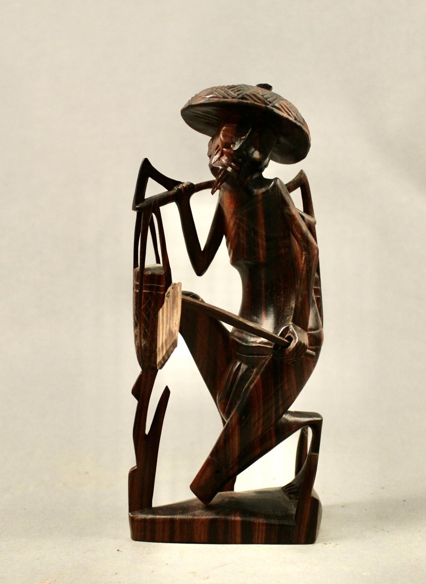 Statue Paysan  Asiatique En Bois 