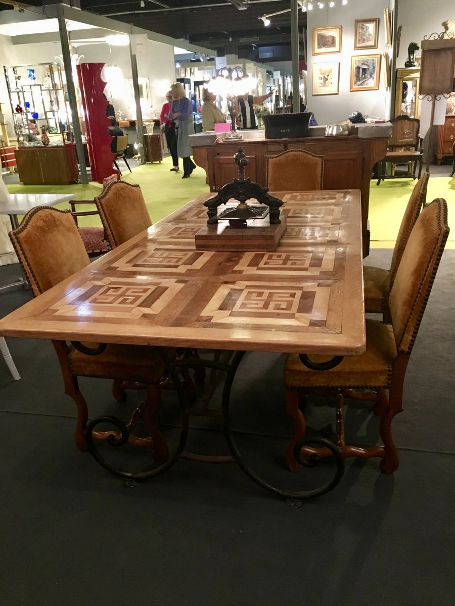 Table à Dessus Parquet Ancien Et Piètement Fer Forgé-photo-3