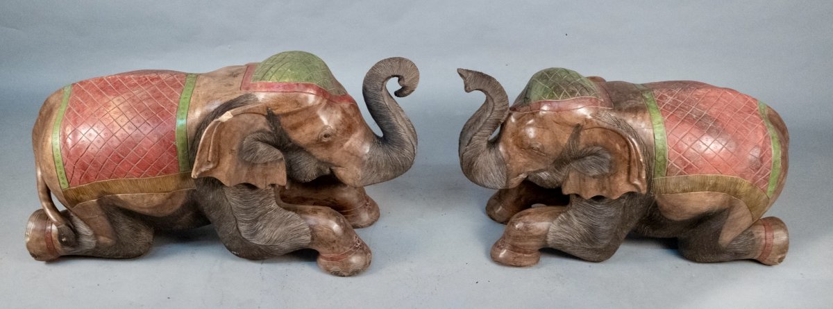 Couple Of Painted Teak Elephants-photo-2