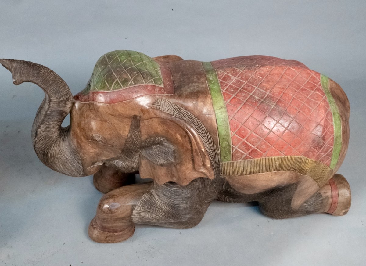 Couple Of Painted Teak Elephants-photo-3