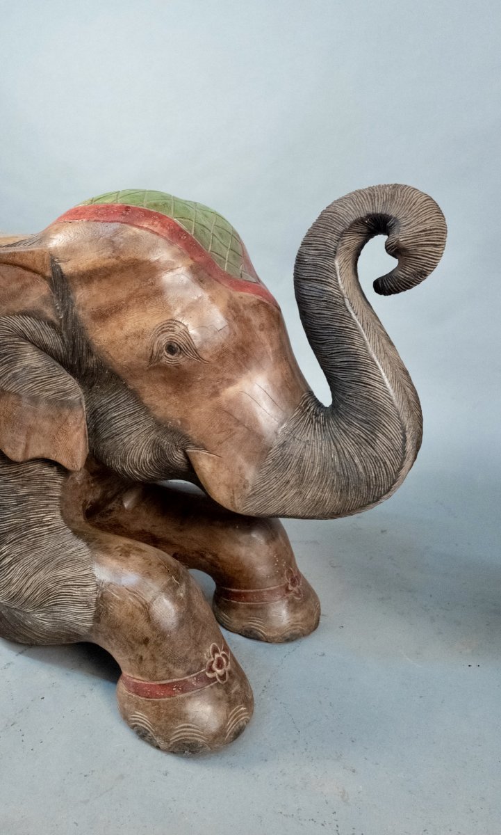 Couple d'éléphants En Teck Peint-photo-2