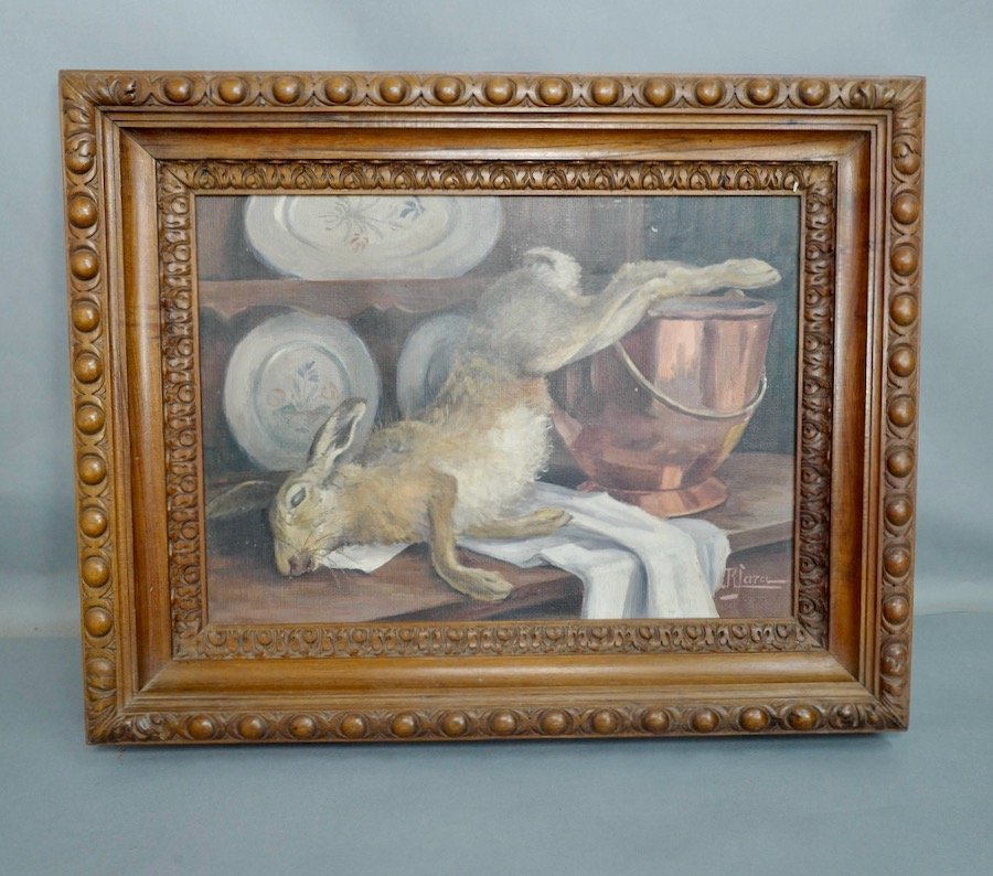 Nature Morte Au Lièvre , Huile sur toile Cadre Noyer -photo-2