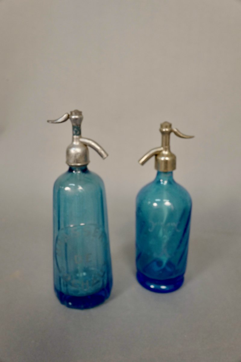 Lot De 4 Siphons De Bistrot En Verre Bleu d'époque 1900-photo-4