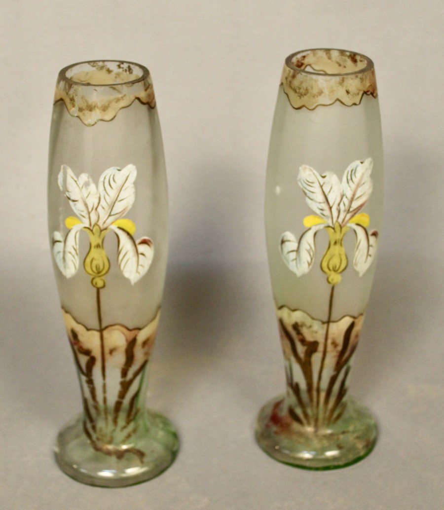 Pair Of Glass Vases With Iris Decor-photo-2